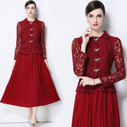 CM-DY057827 Women Elegant European Style Collar Neckline Long Sleeve Belted Pseudo-Two Pleated Long Dress - Dark Red