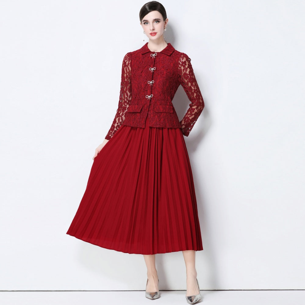 CM-DY057827 Women Elegant European Style Collar Neckline Long Sleeve Belted Pseudo-Two Pleated Long Dress - Dark Red