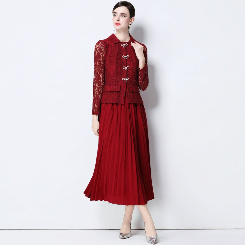 CM-DY057827 Women Elegant European Style Collar Neckline Long Sleeve Belted Pseudo-Two Pleated Long Dress - Dark Red