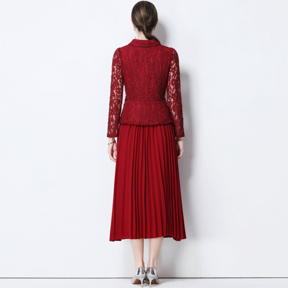 CM-DY057827 Women Elegant European Style Collar Neckline Long Sleeve Belted Pseudo-Two Pleated Long Dress - Dark Red
