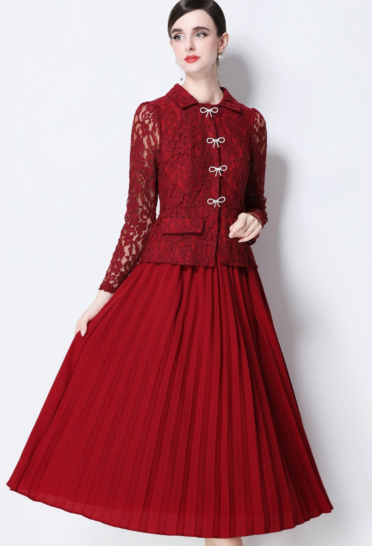 CM-DY057827 Women Elegant European Style Collar Neckline Long Sleeve Belted Pseudo-Two Pleated Long Dress - Dark Red