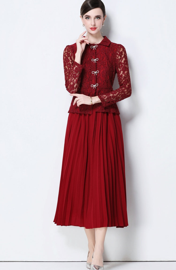 CM-DY057827 Women Elegant European Style Collar Neckline Long Sleeve Belted Pseudo-Two Pleated Long Dress - Dark Red