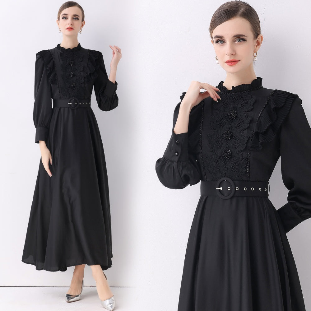 CM-DY057833 Women Elegant European Style Stand Collar Long Sleeve Pinched Waist Maxi Dress - Black