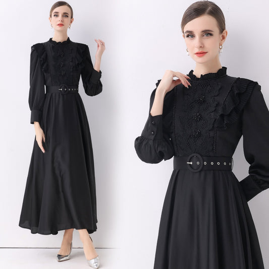 CM-DY057833 Women Elegant European Style Stand Collar Long Sleeve Pinched Waist Maxi Dress - Black
