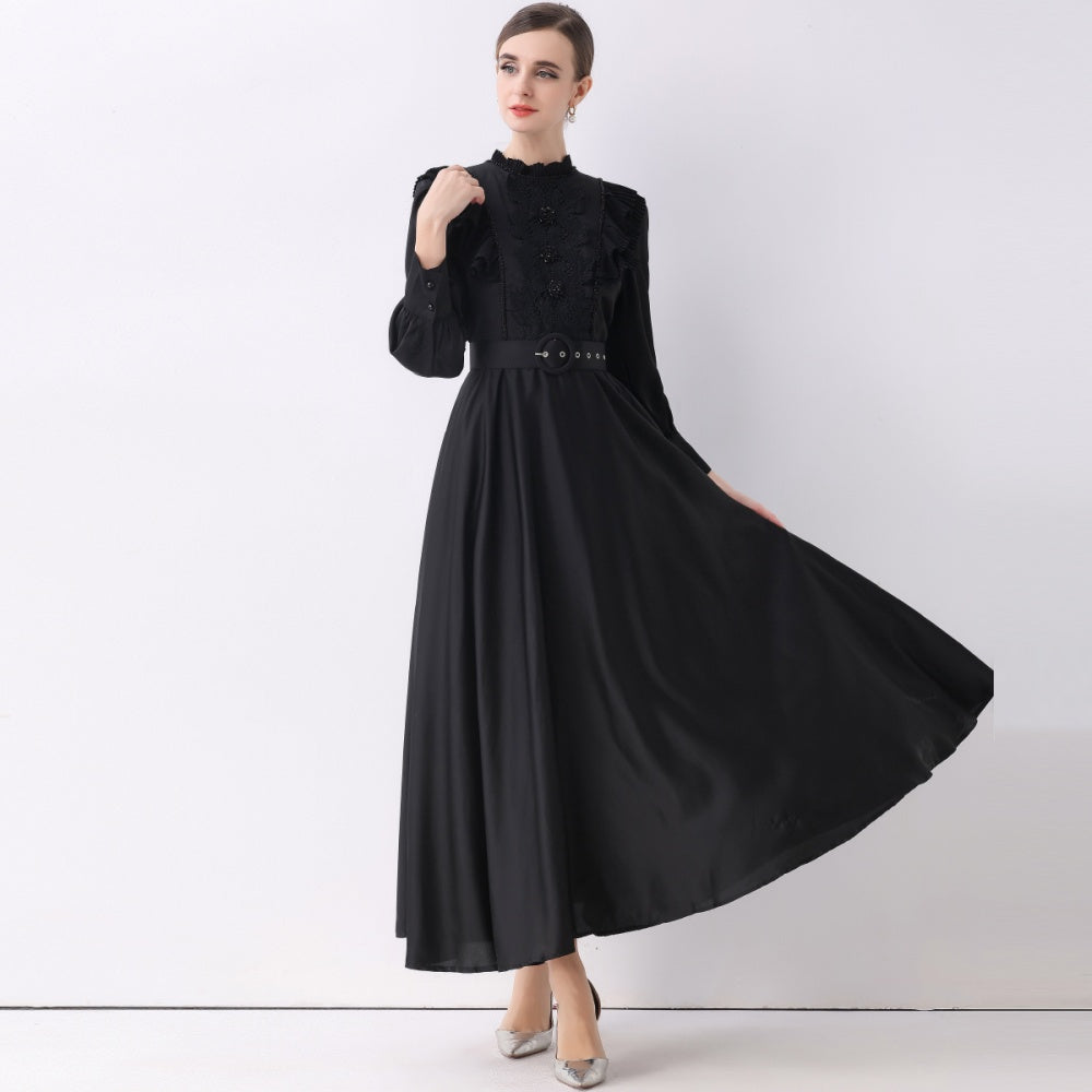 CM-DY057833 Women Elegant European Style Stand Collar Long Sleeve Pinched Waist Maxi Dress - Black