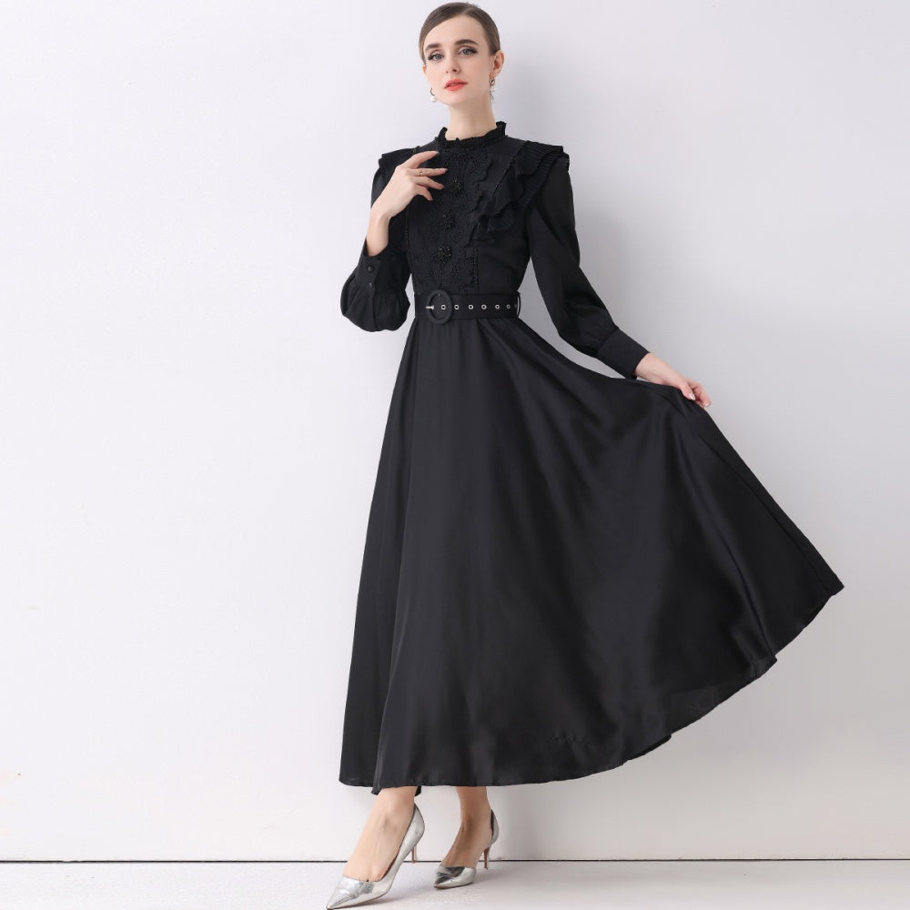 CM-DY057833 Women Elegant European Style Stand Collar Long Sleeve Pinched Waist Maxi Dress - Black
