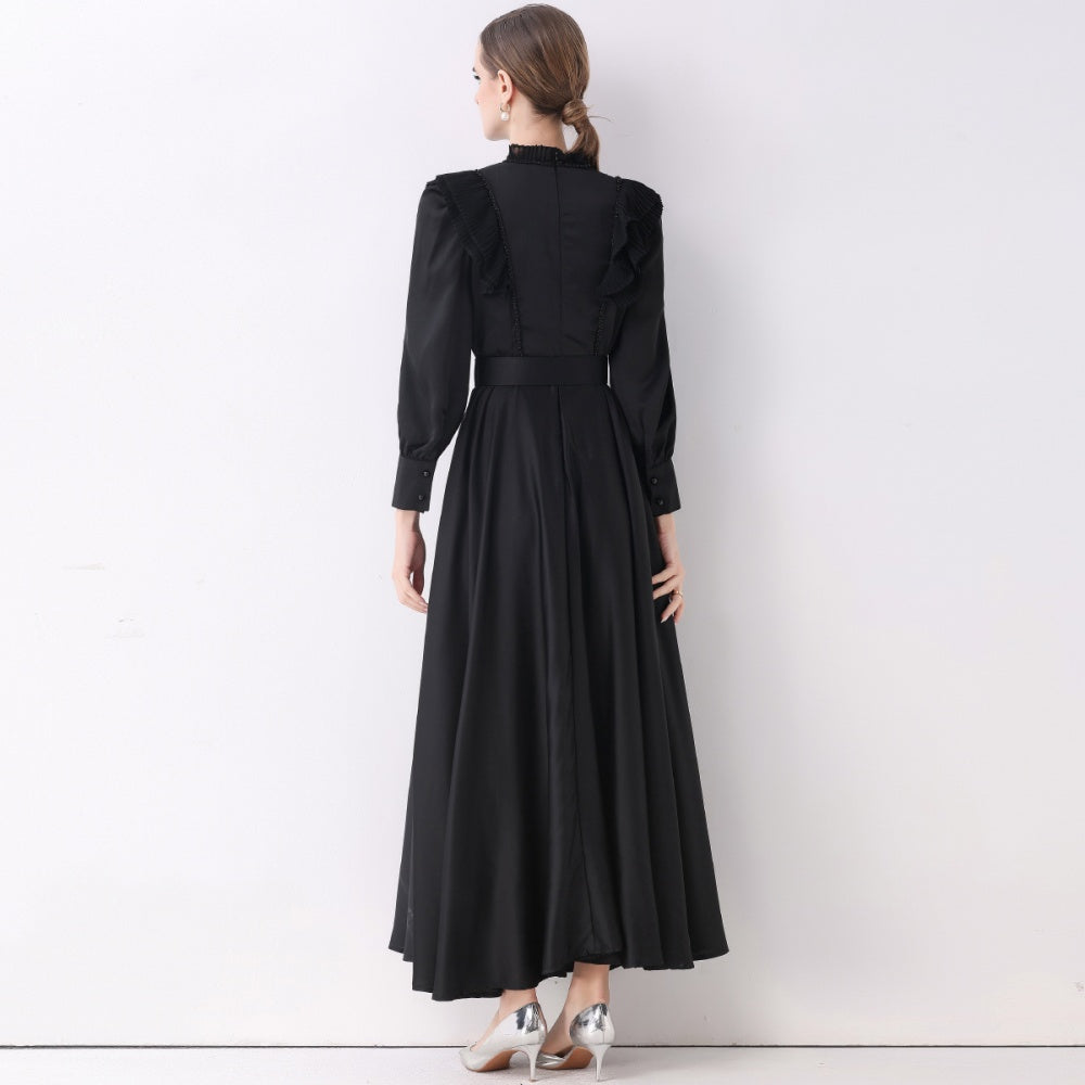 CM-DY057833 Women Elegant European Style Stand Collar Long Sleeve Pinched Waist Maxi Dress - Black