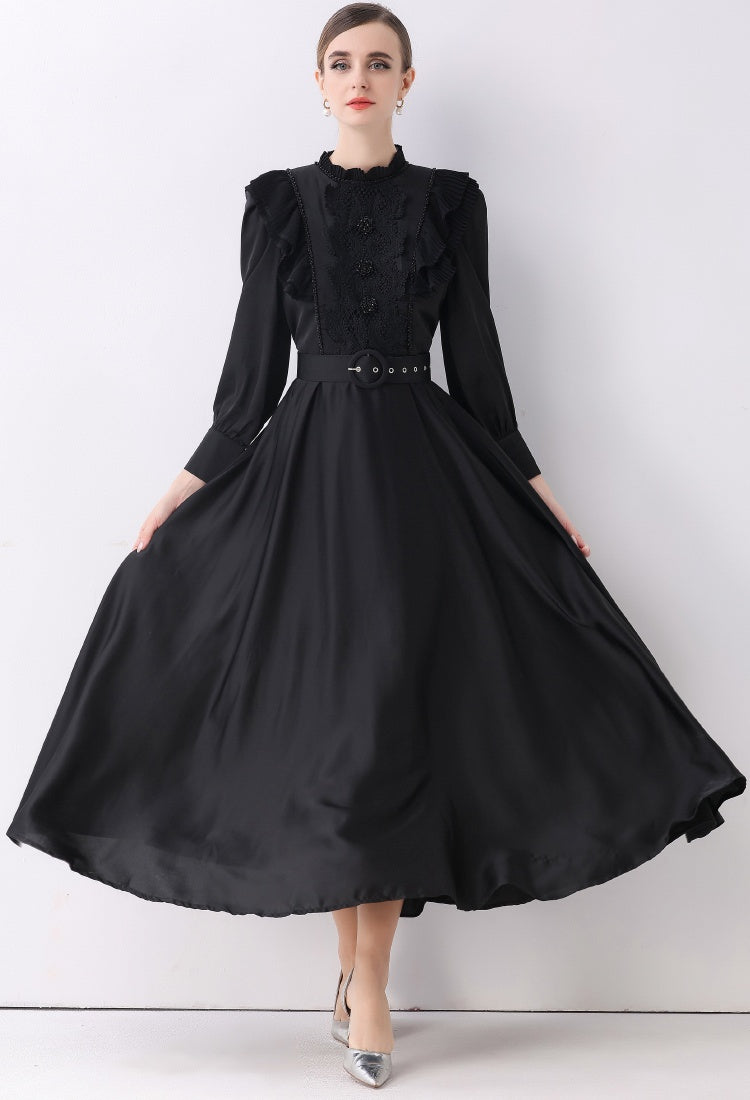 CM-DY057833 Women Elegant European Style Stand Collar Long Sleeve Pinched Waist Maxi Dress - Black