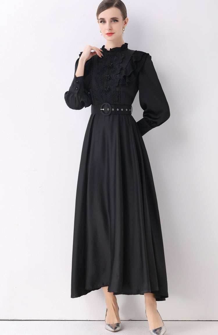 CM-DY057833 Women Elegant European Style Stand Collar Long Sleeve Pinched Waist Maxi Dress - Black