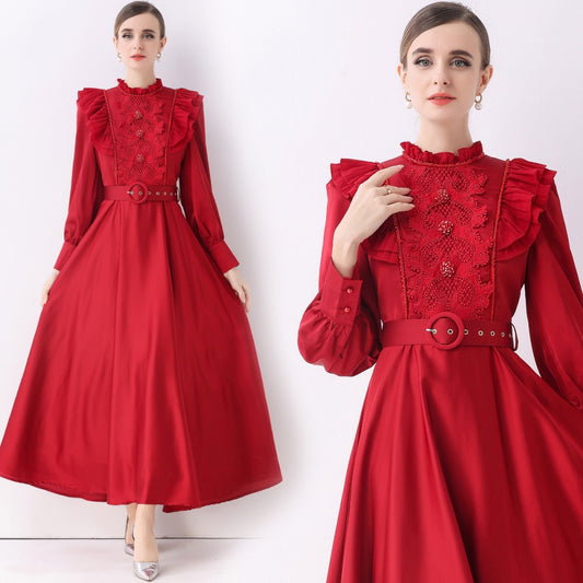 CM-DY057834 Women Elegant European Style Stand Collar Long Sleeve Pinched Waist Maxi Dress - Red