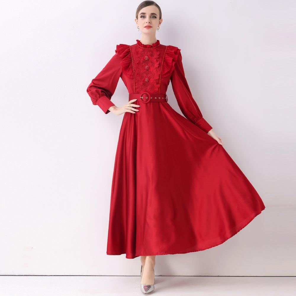 CM-DY057834 Women Elegant European Style Stand Collar Long Sleeve Pinched Waist Maxi Dress - Red