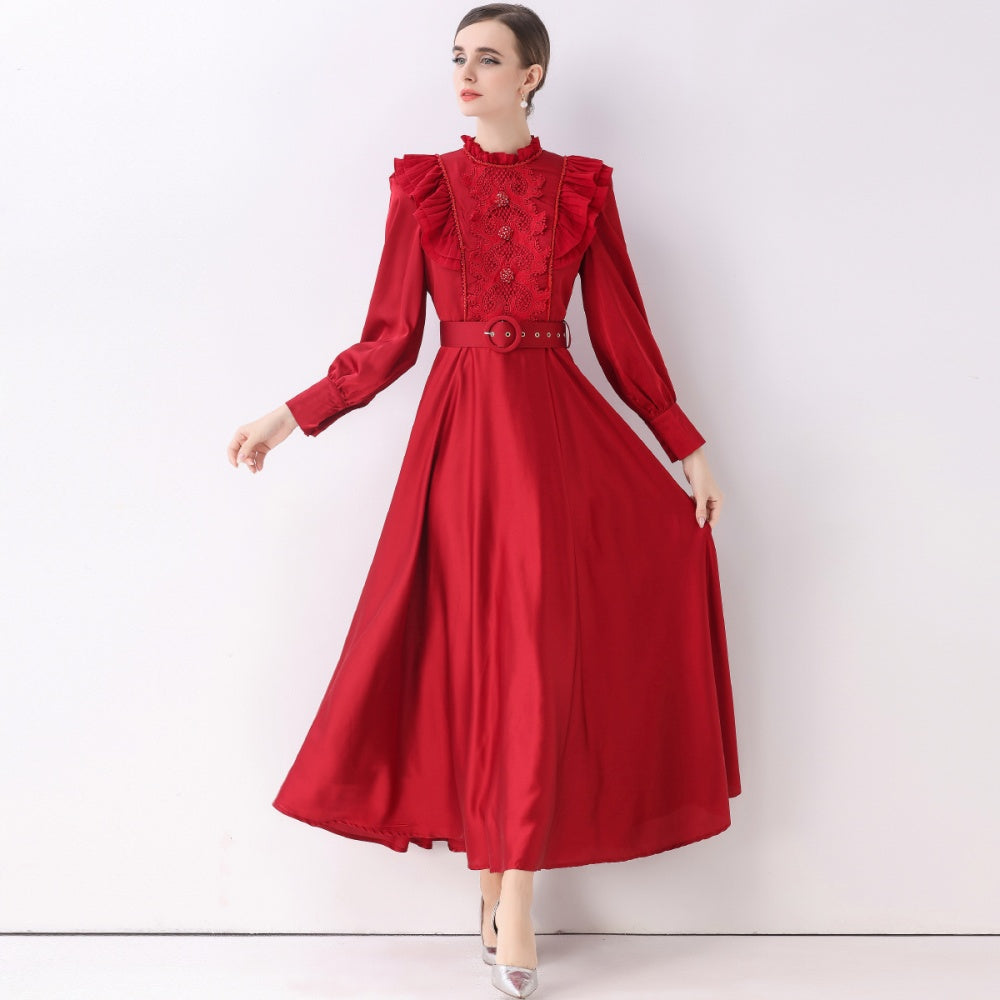 CM-DY057834 Women Elegant European Style Stand Collar Long Sleeve Pinched Waist Maxi Dress - Red