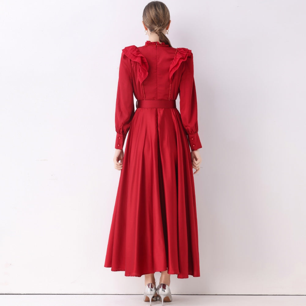 CM-DY057834 Women Elegant European Style Stand Collar Long Sleeve Pinched Waist Maxi Dress - Red