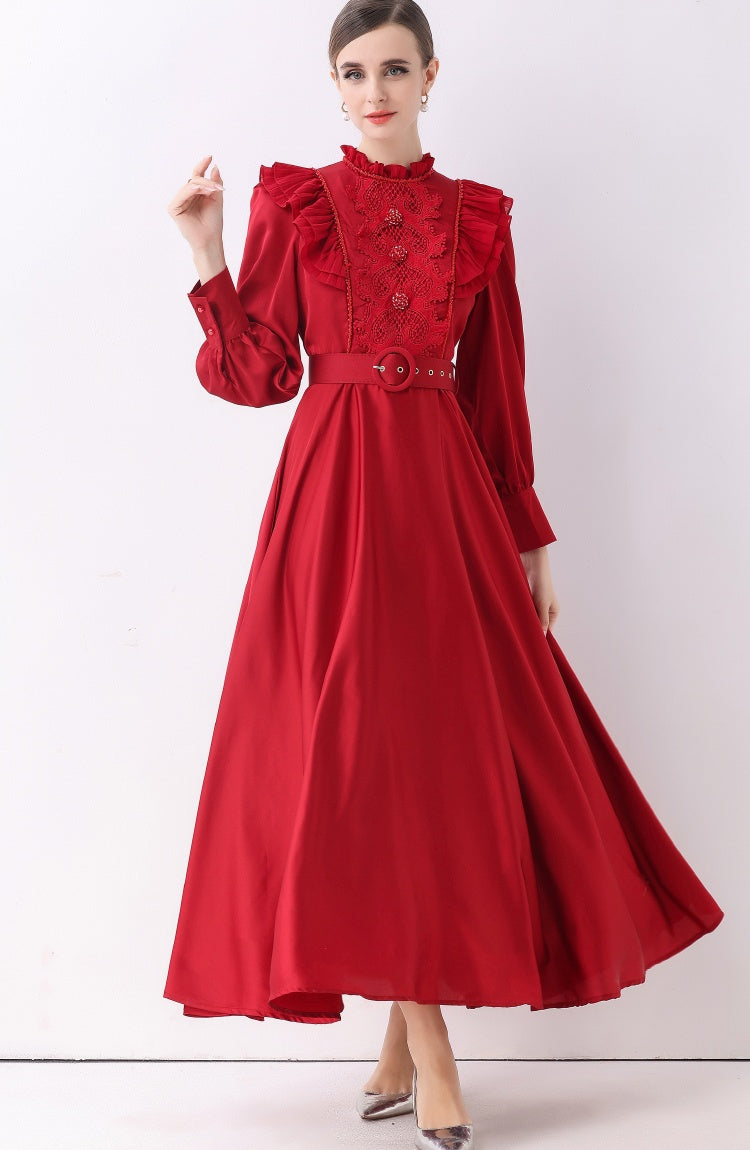 CM-DY057834 Women Elegant European Style Stand Collar Long Sleeve Pinched Waist Maxi Dress - Red