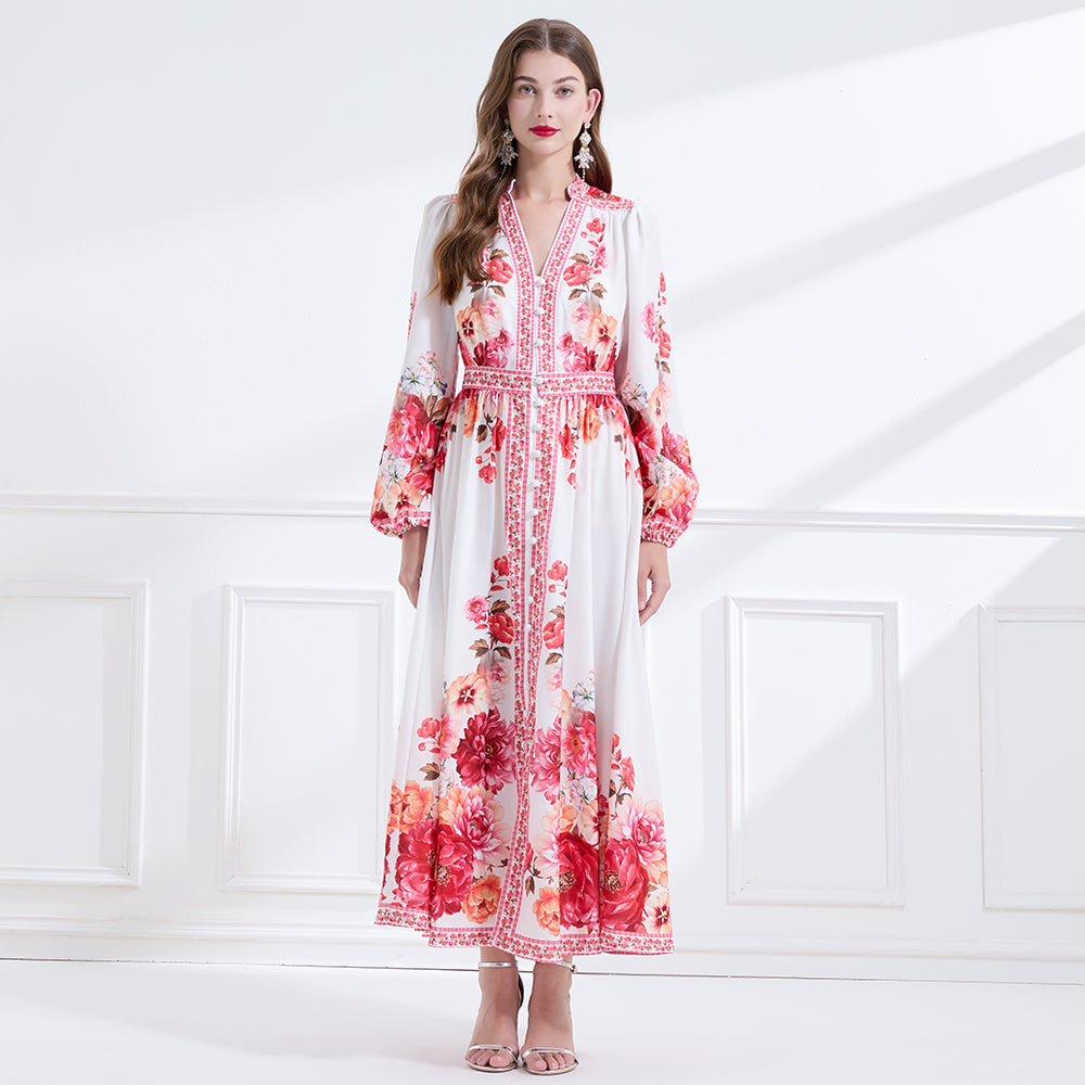 CM-DY057892 Women Elegant European Style V-Neck Long Sleeve Single-Breasted Floral Print Maxi Dress - White