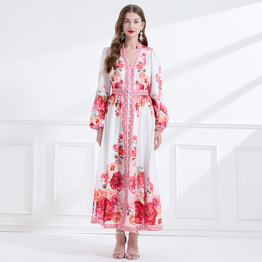 CM-DY057892 Women Elegant European Style V-Neck Long Sleeve Single-Breasted Floral Print Maxi Dress - White