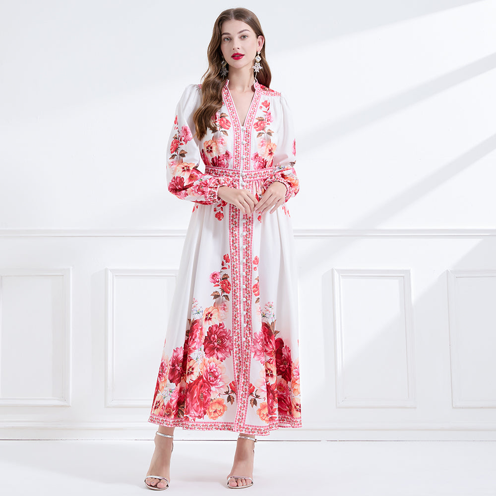 CM-DY057892 Women Elegant European Style V-Neck Long Sleeve Single-Breasted Floral Print Maxi Dress - White