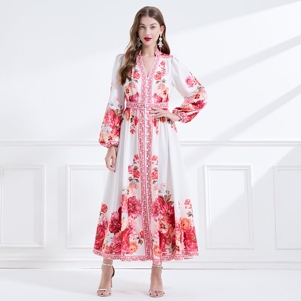 CM-DY057892 Women Elegant European Style V-Neck Long Sleeve Single-Breasted Floral Print Maxi Dress - White