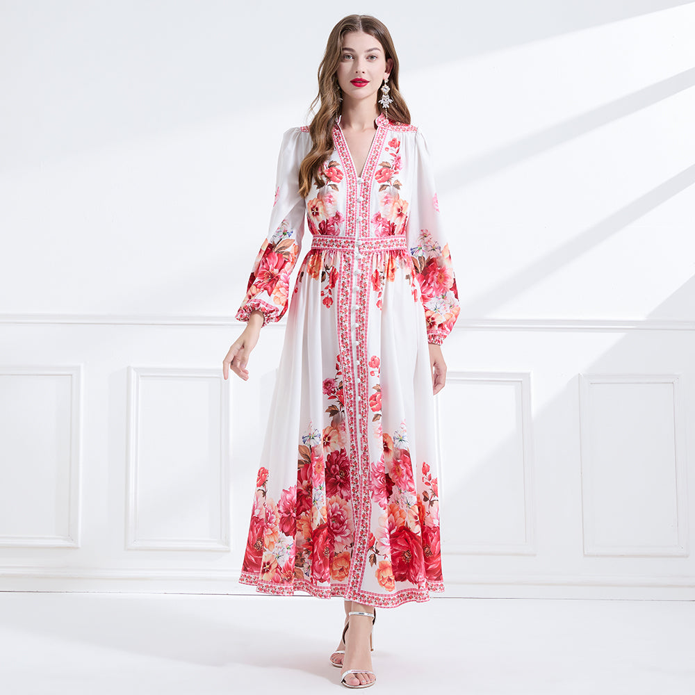 CM-DY057892 Women Elegant European Style V-Neck Long Sleeve Single-Breasted Floral Print Maxi Dress - White
