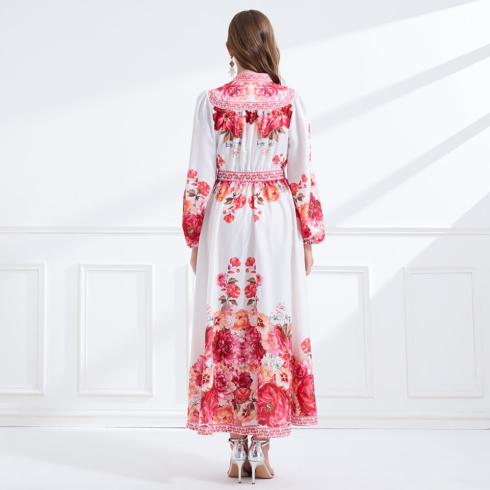 CM-DY057892 Women Elegant European Style V-Neck Long Sleeve Single-Breasted Floral Print Maxi Dress - White