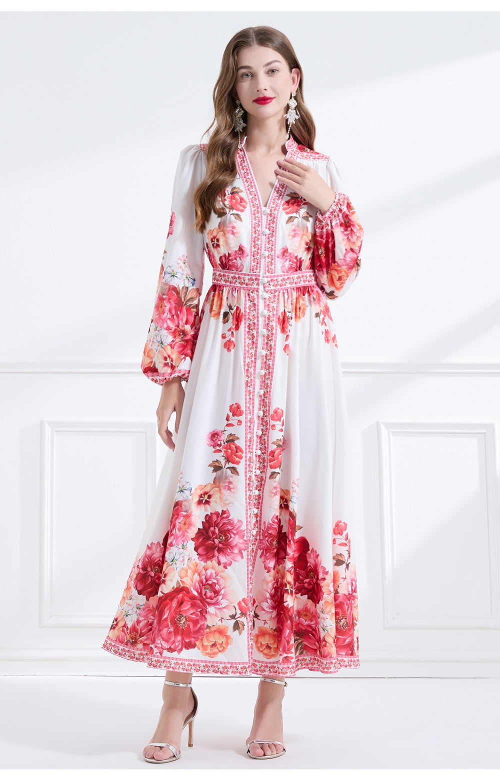 CM-DY057892 Women Elegant European Style V-Neck Long Sleeve Single-Breasted Floral Print Maxi Dress - White