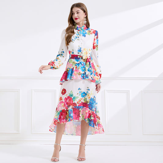 CM-DY057893 Women Elegant European Style Stand Collar Long Sleeve Floral Print Ruffle Dress - White