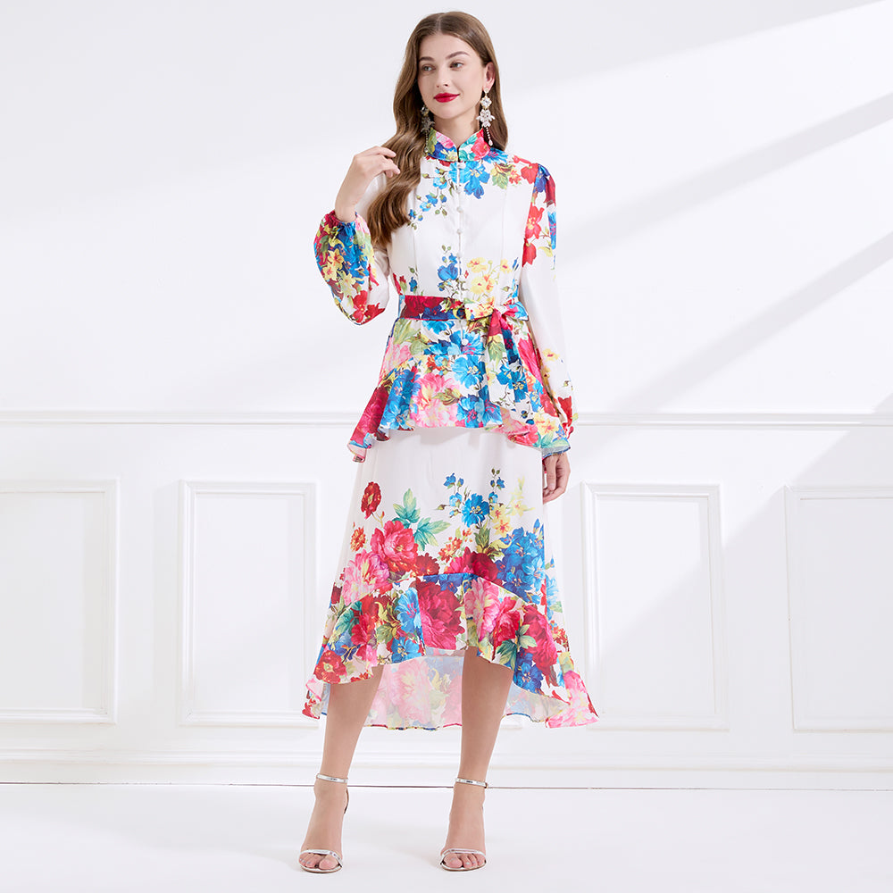 CM-DY057893 Women Elegant European Style Stand Collar Long Sleeve Floral Print Ruffle Dress - White
