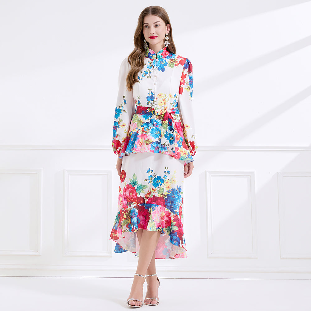 CM-DY057893 Women Elegant European Style Stand Collar Long Sleeve Floral Print Ruffle Dress - White