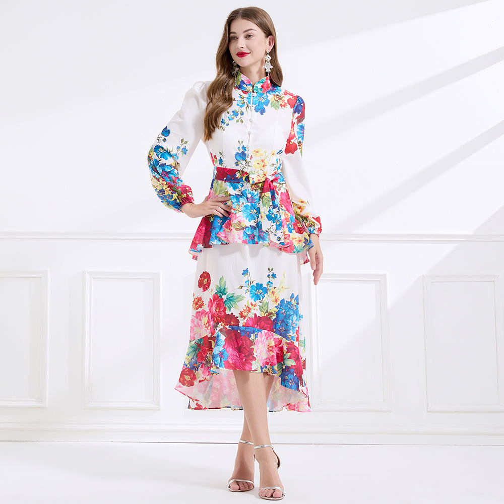 CM-DY057893 Women Elegant European Style Stand Collar Long Sleeve Floral Print Ruffle Dress - White