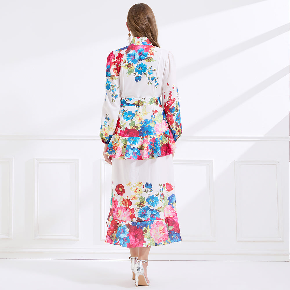 CM-DY057893 Women Elegant European Style Stand Collar Long Sleeve Floral Print Ruffle Dress - White