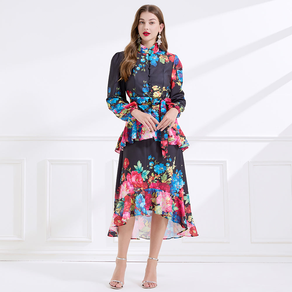 CM-DY057894 Women Elegant European Style Stand Collar Long Sleeve Floral Print Ruffle Dress - Black