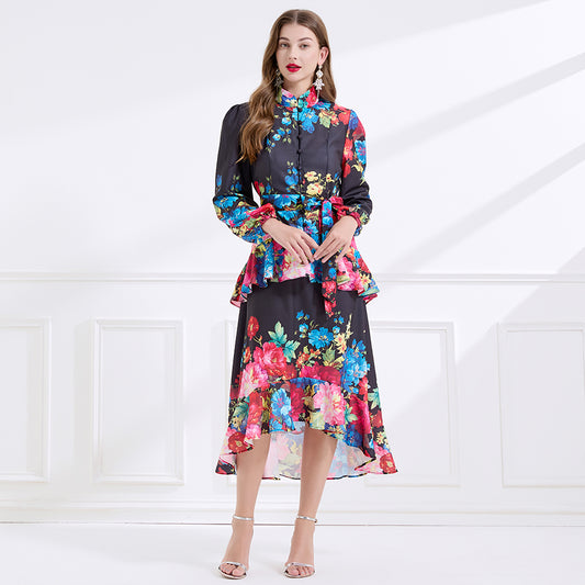 CM-DY057894 Women Elegant European Style Stand Collar Long Sleeve Floral Print Ruffle Dress - Black