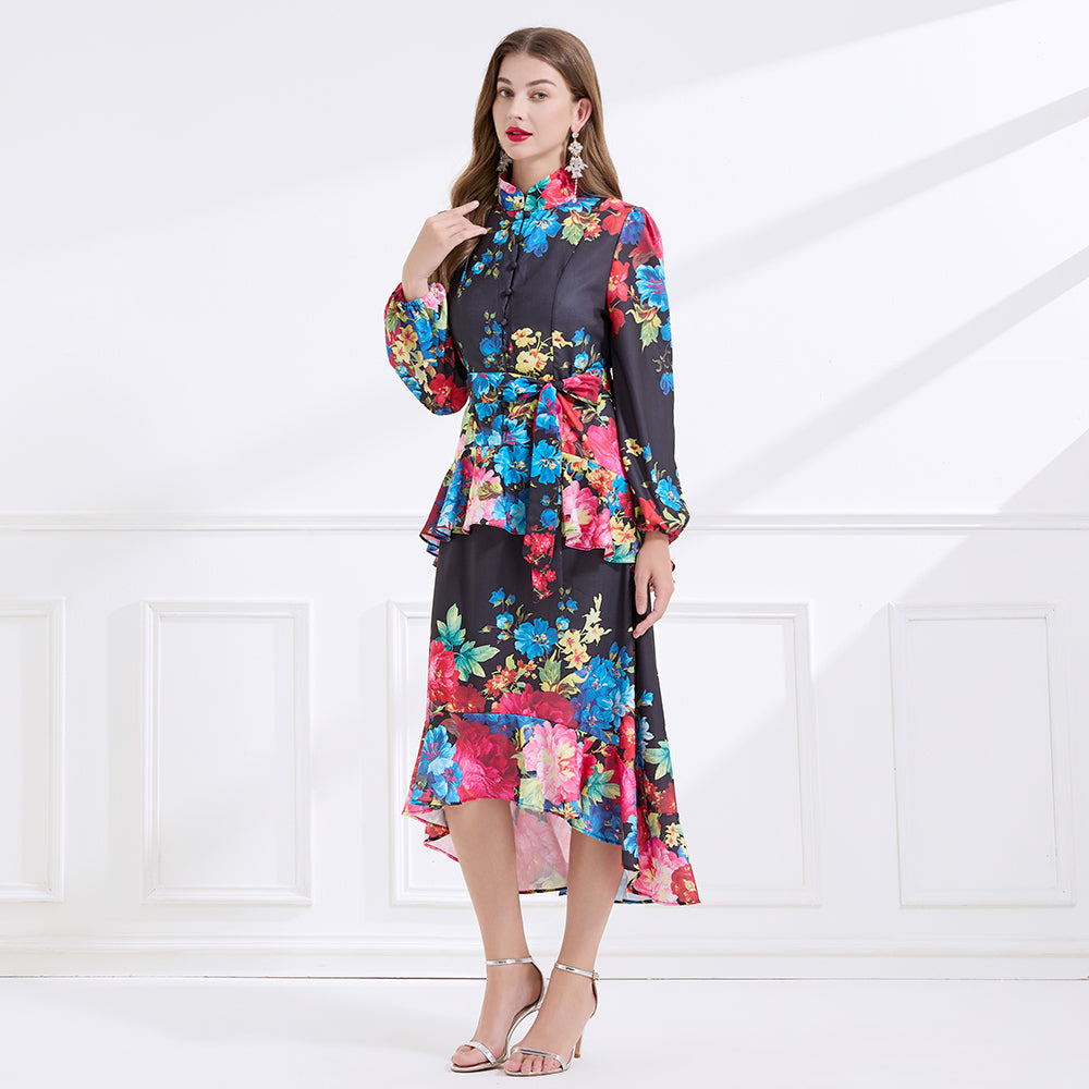 CM-DY057894 Women Elegant European Style Stand Collar Long Sleeve Floral Print Ruffle Dress - Black
