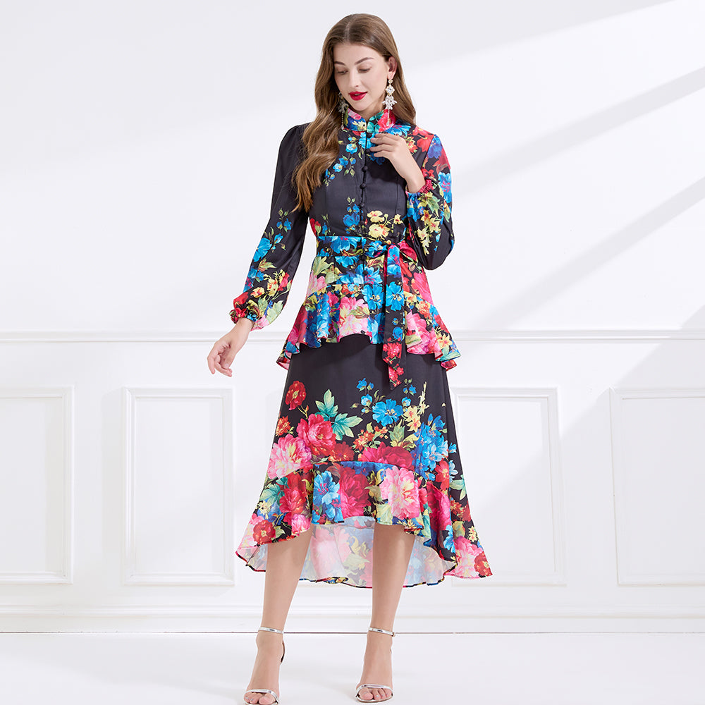 CM-DY057894 Women Elegant European Style Stand Collar Long Sleeve Floral Print Ruffle Dress - Black
