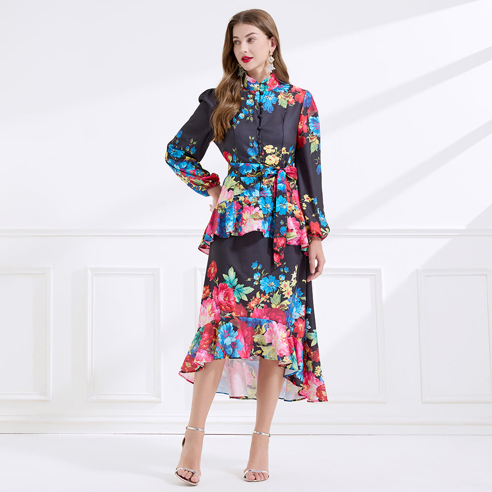 CM-DY057894 Women Elegant European Style Stand Collar Long Sleeve Floral Print Ruffle Dress - Black