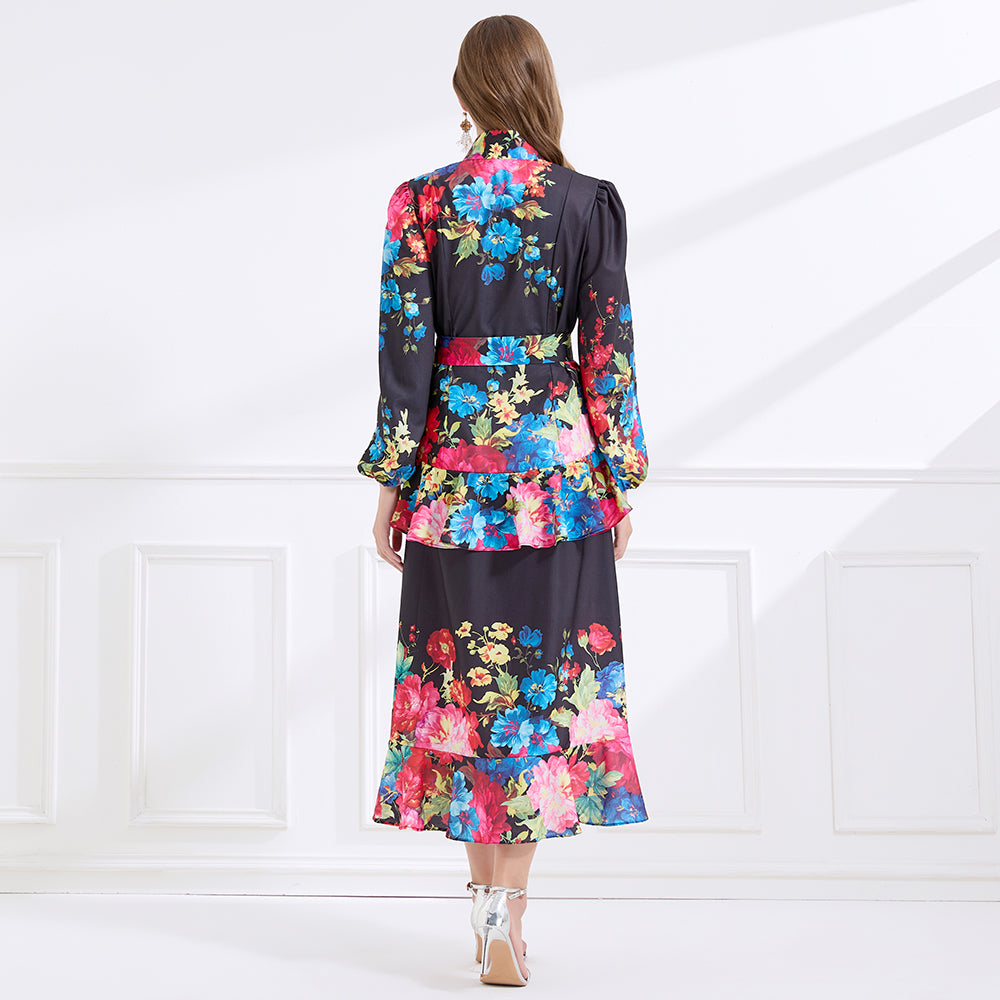 CM-DY057894 Women Elegant European Style Stand Collar Long Sleeve Floral Print Ruffle Dress - Black