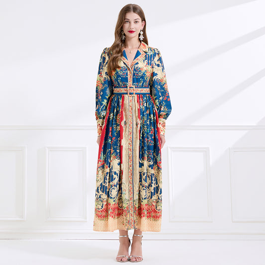 CM-DY057897 Women Elegant European Style Lapel Neckline Long Sleeve Floral Print Maxi Dress - Navy Blue
