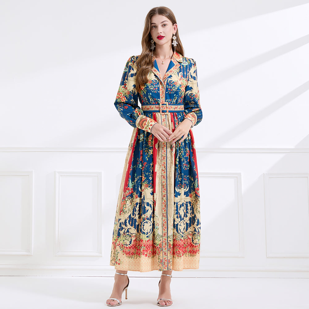CM-DY057897 Women Elegant European Style Lapel Neckline Long Sleeve Floral Print Maxi Dress - Navy Blue