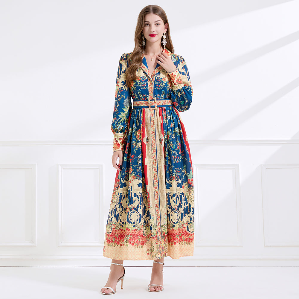 CM-DY057897 Women Elegant European Style Lapel Neckline Long Sleeve Floral Print Maxi Dress - Navy Blue