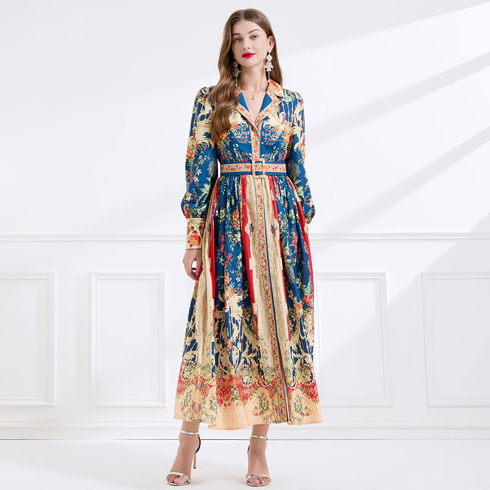 CM-DY057897 Women Elegant European Style Lapel Neckline Long Sleeve Floral Print Maxi Dress - Navy Blue