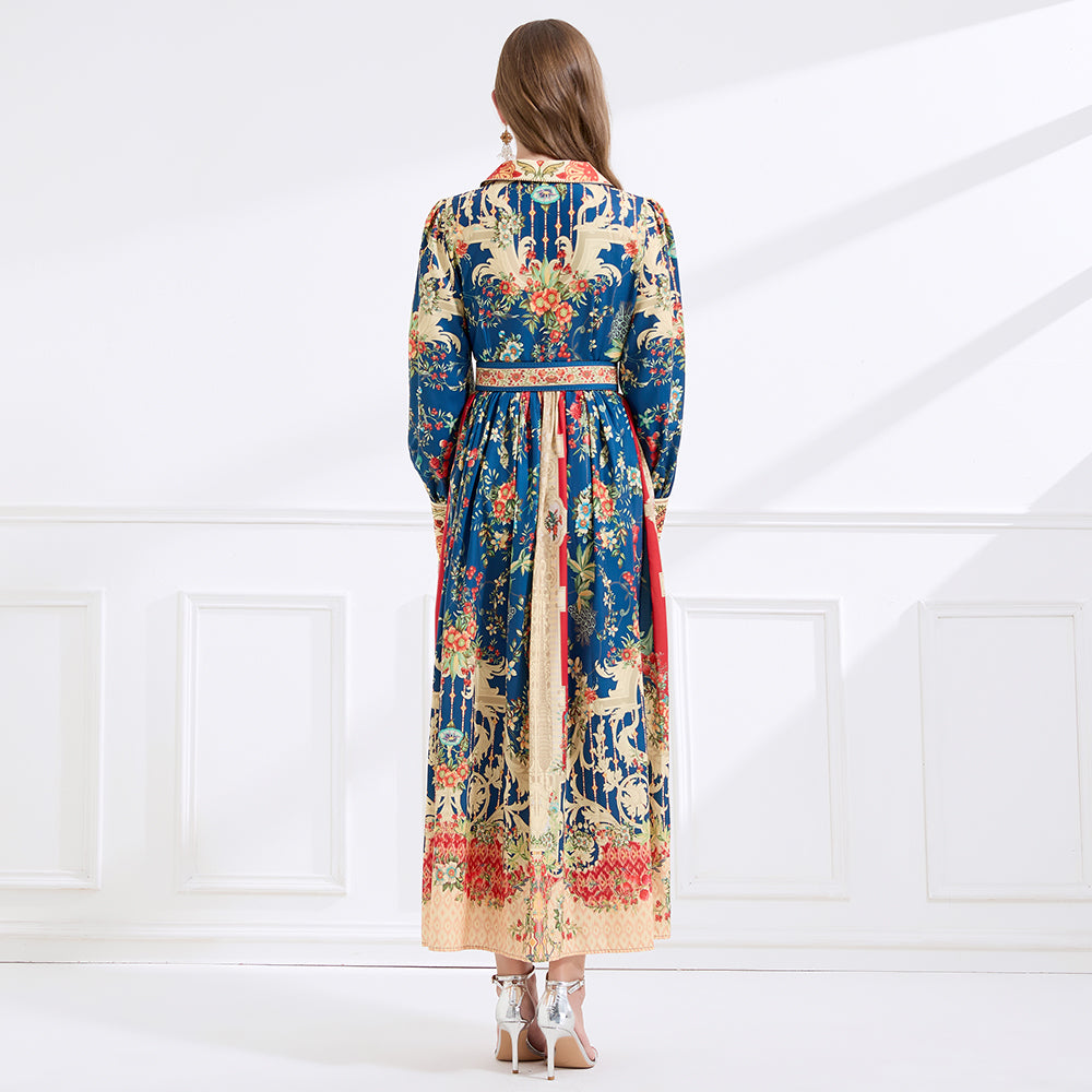 CM-DY057897 Women Elegant European Style Lapel Neckline Long Sleeve Floral Print Maxi Dress - Navy Blue