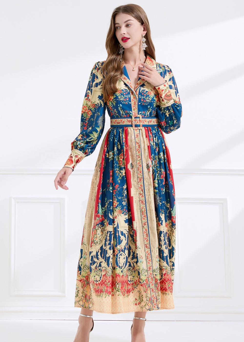 CM-DY057897 Women Elegant European Style Lapel Neckline Long Sleeve Floral Print Maxi Dress - Navy Blue
