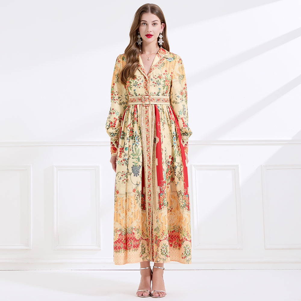 CM-DY057898 Women Elegant European Style Lapel Neckline Long Sleeve Floral Print Maxi Dress - Apricot