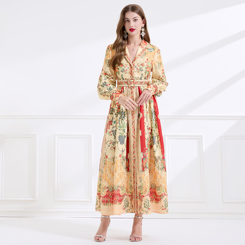 CM-DY057898 Women Elegant European Style Lapel Neckline Long Sleeve Floral Print Maxi Dress - Apricot
