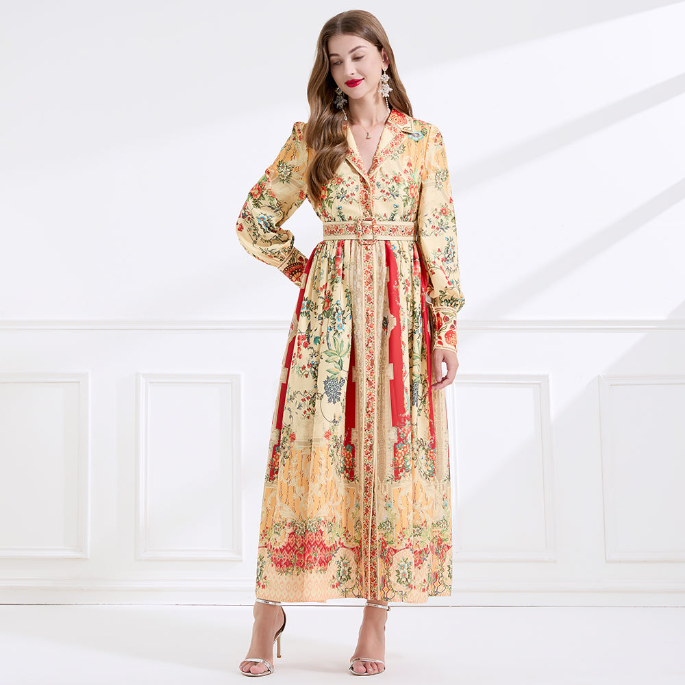 CM-DY057898 Women Elegant European Style Lapel Neckline Long Sleeve Floral Print Maxi Dress - Apricot