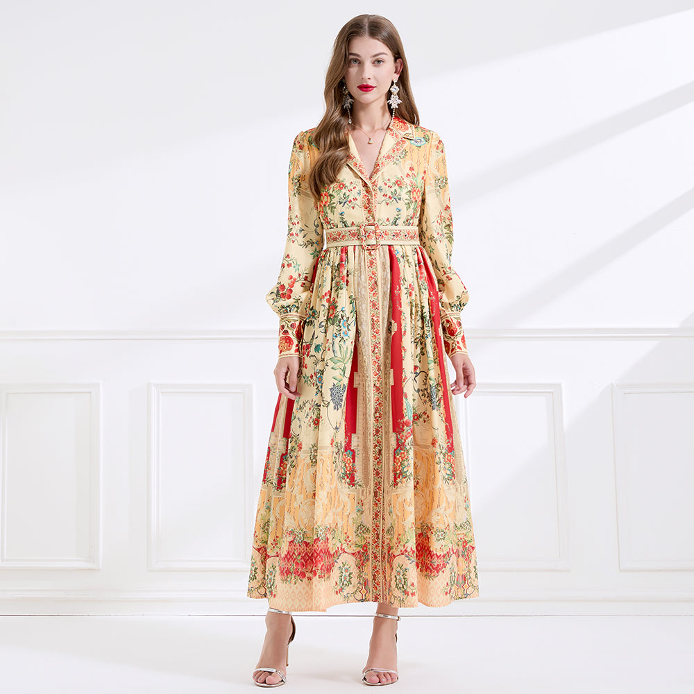 CM-DY057898 Women Elegant European Style Lapel Neckline Long Sleeve Floral Print Maxi Dress - Apricot