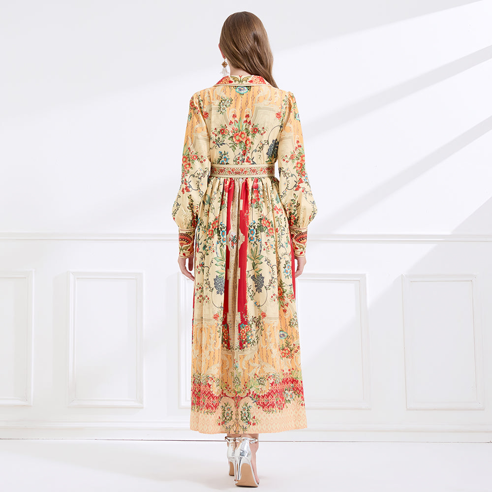 CM-DY057898 Women Elegant European Style Lapel Neckline Long Sleeve Floral Print Maxi Dress - Apricot