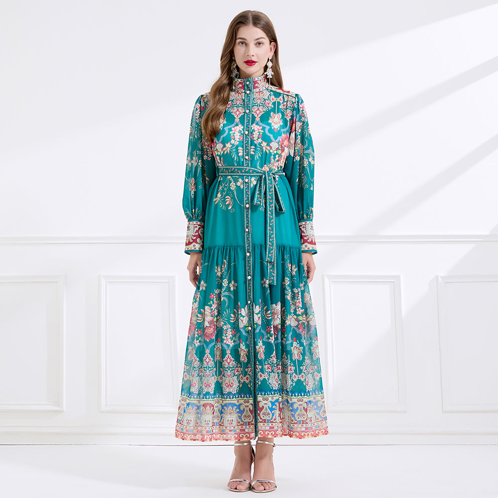 CM-DY057899 Women Elegant European Style Stand Collar Lantern Sleeve Floral Print Long Dress - Green