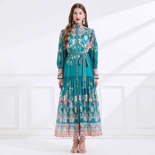 CM-DY057899 Women Elegant European Style Stand Collar Lantern Sleeve Floral Print Long Dress - Green