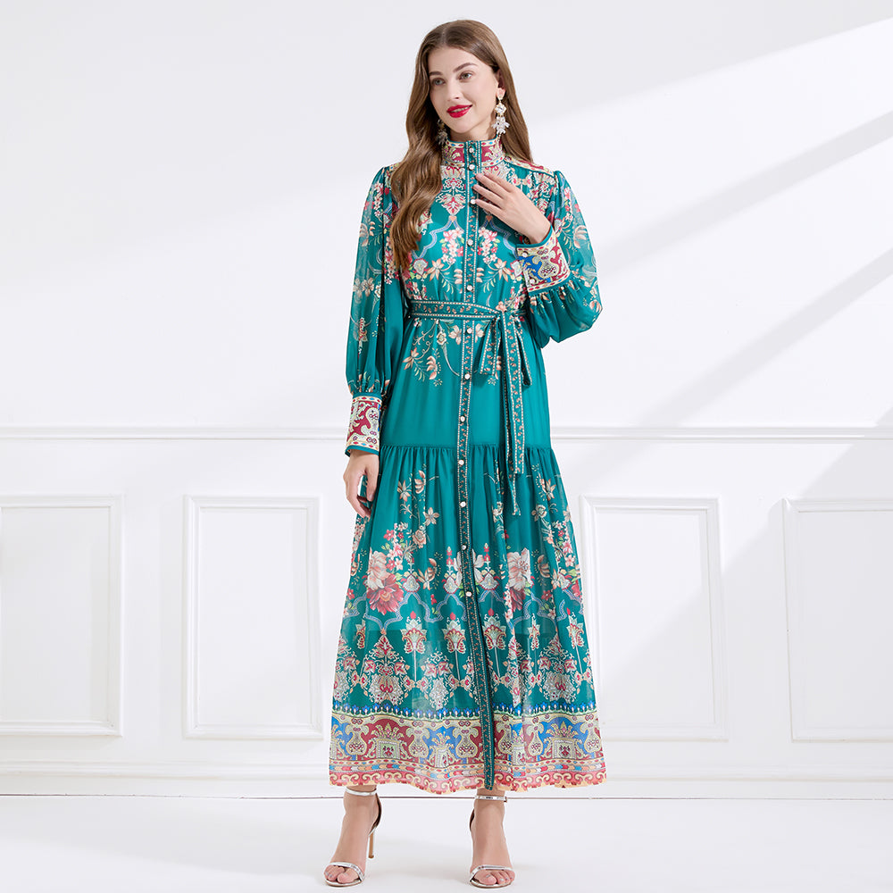 CM-DY057899 Women Elegant European Style Stand Collar Lantern Sleeve Floral Print Long Dress - Green